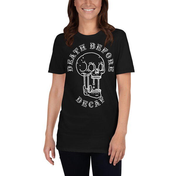 Death before Decaf Screamin Skull Kurzärmeliges Unisex-T-Shirt Damen, Herren, Sommer T-Shirt Motiv bedruckt, Kaffee T-Shirt